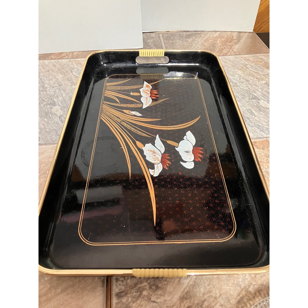 Vintage Toyo Japan Lacquerware Serving Tray Black Gold Floral Rectangular 19x11